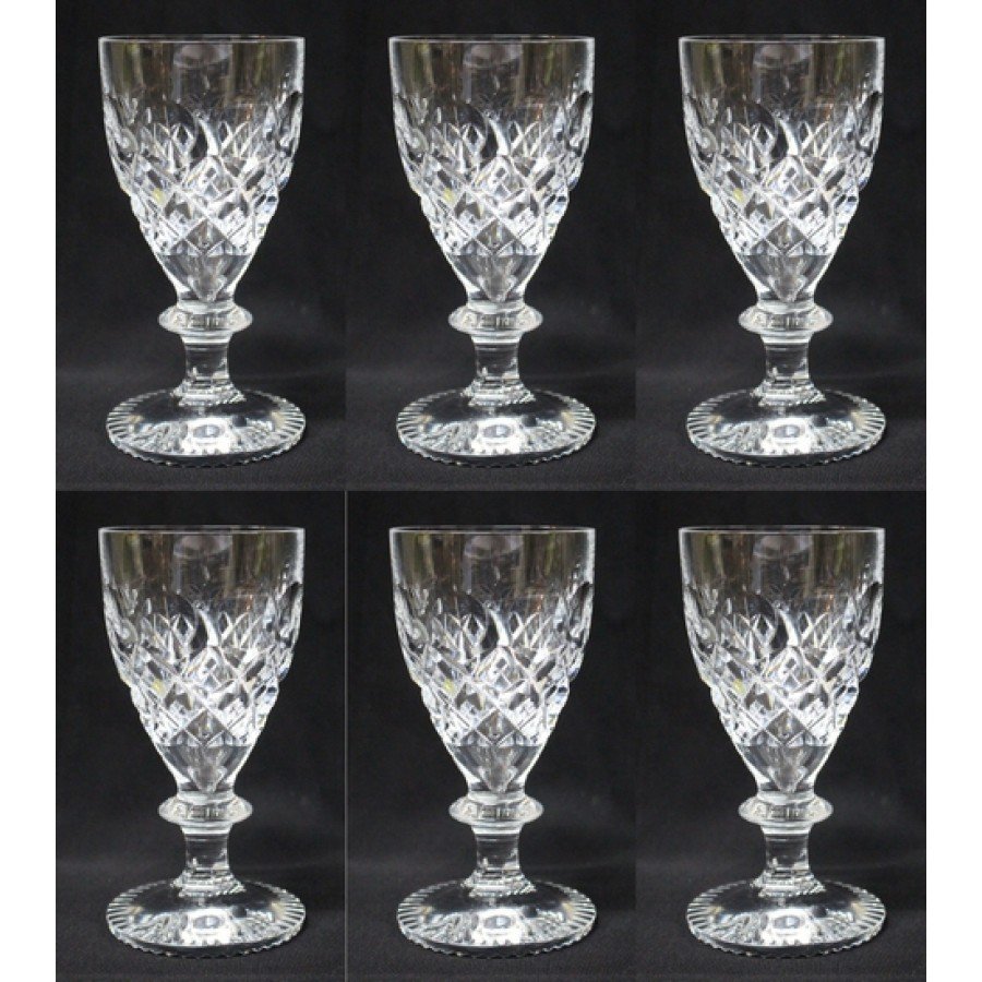 Set of 6 Heavy Cut Glass English Wine Glasses